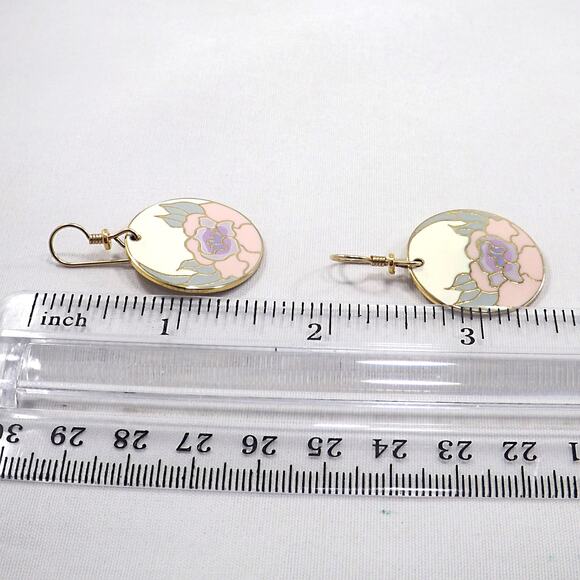 Laurel Burch "Garden Rose" Earrings, Cloisonné Gold Plated, 1980s - Picture 6 of 10